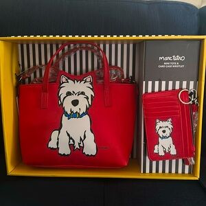 Brand New Marc Tetro Mini Tote & Card Wristlet - Red White Dog In Box